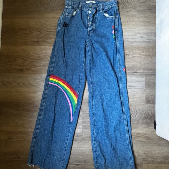 PacSun Rainbow, Mushroom, and Cherry Printed Baggy Jeans - Medium Wash - Picture 2 of 8